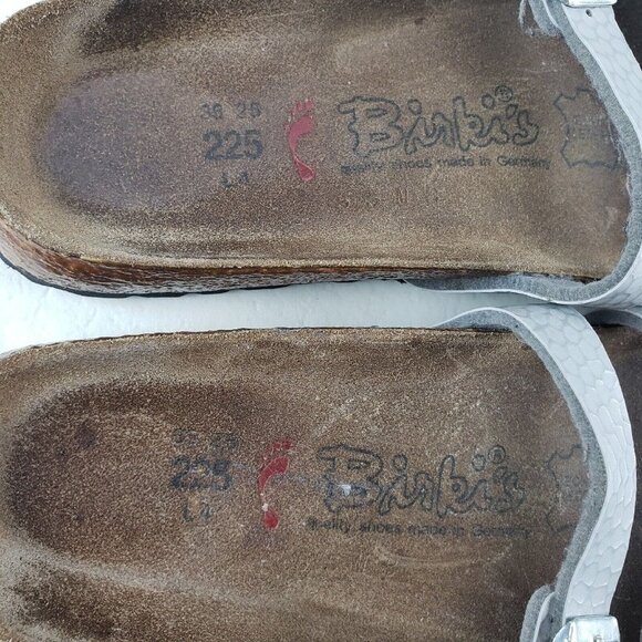 Birkis Birkenstock Metallic Sandals Silver Womens 4-4.5 35 Leather Strappy Slide - Picture 9 of 11